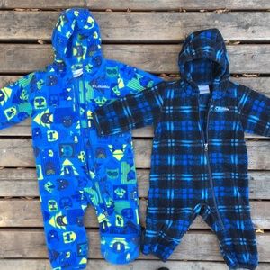 Two Columbia winter onesies (fleece winter suits) size 3-6 and 6-12 months.